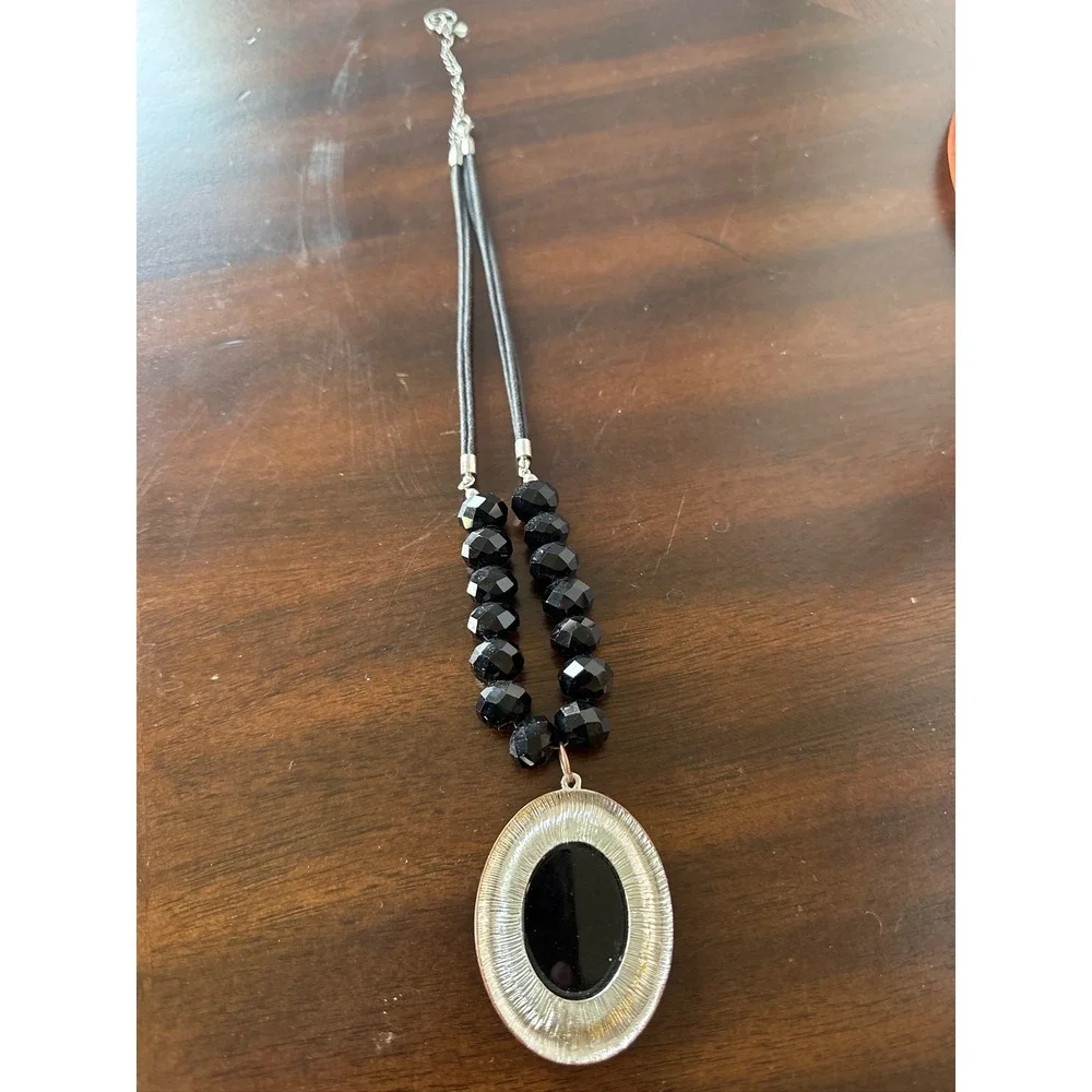 Black Beaded Necklace with Large Oval Silver Pendant and‎ Extender Chain